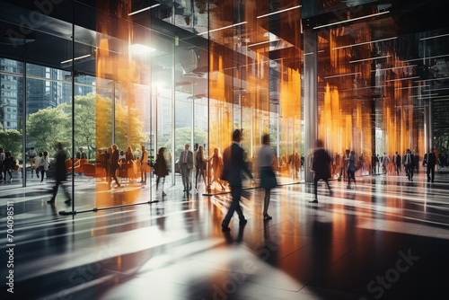 People walking in a modern office building with glass walls