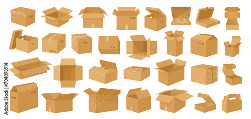 Cartoon cardboard boxes. Carton delivery boxes, open and closed shipping package with fragile signs, parcel delivery boxes flat vector illustration set. Cardboard box collection photo