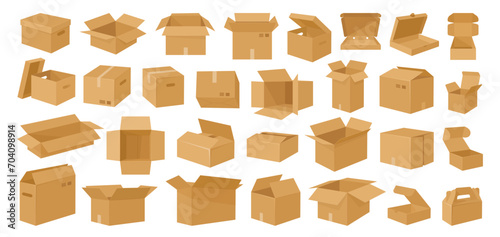 Cartoon cardboard boxes. Carton delivery boxes, open and closed shipping package with fragile signs, parcel delivery boxes flat vector illustration set. Cardboard box collection