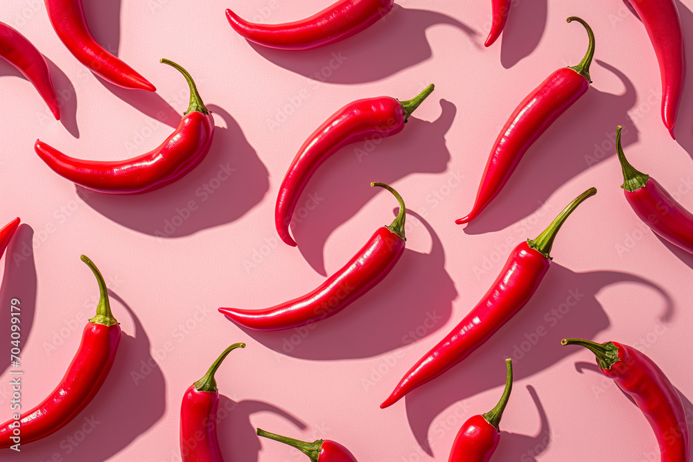 A pattern of red chili peppers on pink background. Pop-art style. Creative food concept. Top view A pattern of red chili peppers on pink background. Pop-art style. Creative food concept. Top view