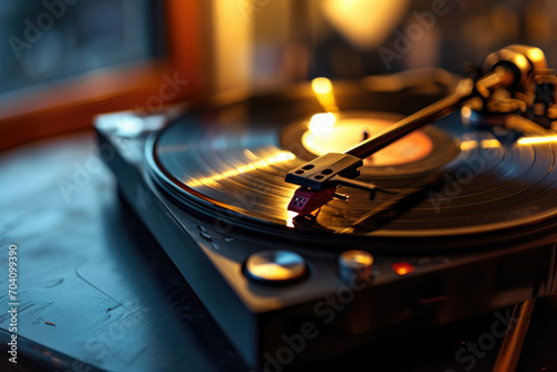 Transporting me to a bygone era, the record player serenades with the gentle crackle of a vinyl record spinning endlessly on its turntable, filling the indoor space with the nostalgic melodies of mus photo