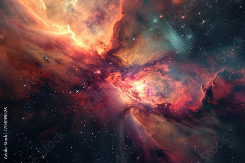 An otherworldly explosion of vibrant hues illuminates the vastness of the universe, capturing the wonder and beauty of a nebula in the depths of outer space
