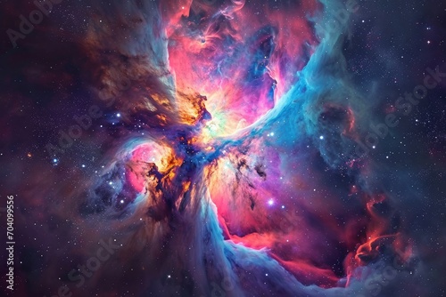 Vibrant hues dance within a celestial canvas, as a nebula illuminates the vastness of the universe with its cosmic beauty