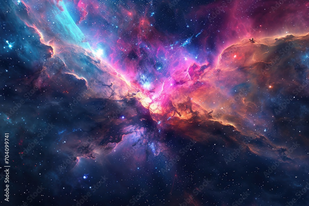 A breathtaking display of vibrant hues illuminates the vastness of the universe, as a nebula dances amidst the stars in the galactic playground of the milky way