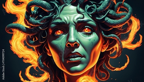 A portrait of the face of Medusa, a small half part of her face is burning with flames and smoke. Generative AI