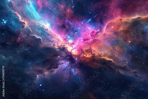 A breathtaking display of vibrant hues illuminates the vastness of the universe, as a nebula dances amidst the stars in the galactic playground of the milky way