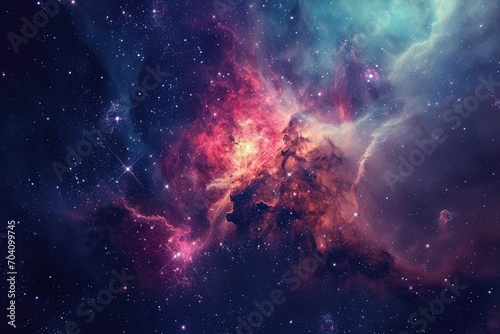 Vibrant hues swirl in an otherworldly embrace  as a nebula dances among the stars in the endless expanse of the universe