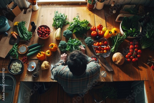 A passionate vegan nutritionist carefully curates a colorful spread of locally-sourced, whole food produce on a rustic wooden table in his indoor kitchen, featuring an eye-catching pumpkin and an arr photo