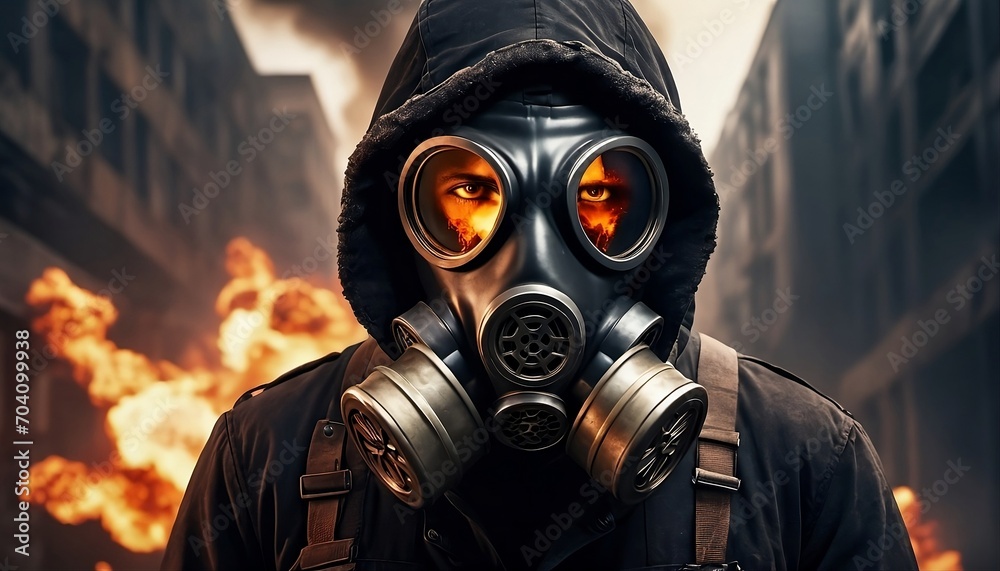 Man in a gas mask with a fire reflection in the eyes. A post-apocalyptic scene. A fiery explosion. Generative AI Man in a gas mask with a fire reflection in the eyes. A post-apocalyptic scene. A fiery explosion. Generative AI
