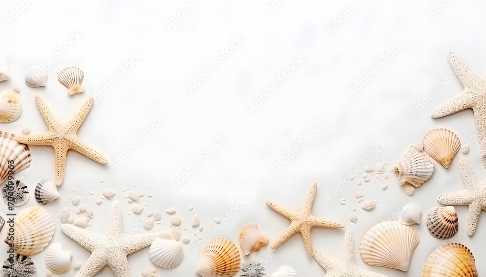 Top view of a sandy beach with collection of white and beige seashells and starfish as natural textured background for summer travel design