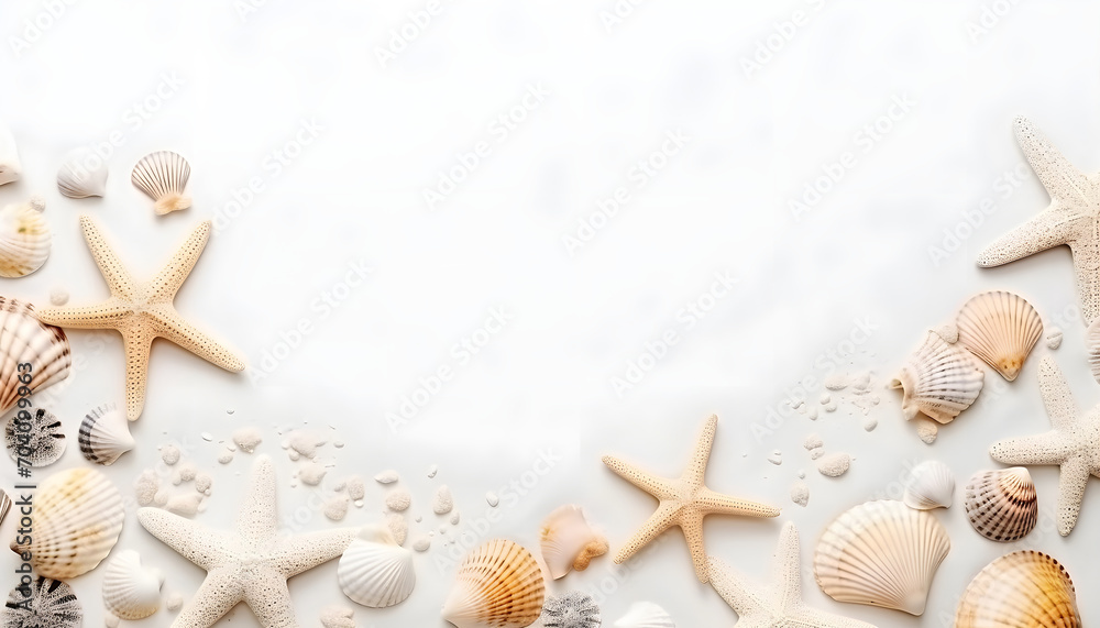 Obraz premium Top view of a sandy beach with collection of white and beige seashells and starfish as natural textured background for summer travel design