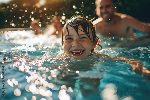 A young boy's joyful smile reflects in the shimmering pool water as he swims alongside a man and woman, embracing the outdoor sport of swimming photo
