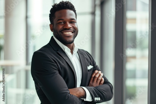 A sharply dressed businessman stands confidently in front of a window, his arms crossed and a charming smile on his face, exuding professionalism and sophistication in his tailored suit and dress shi