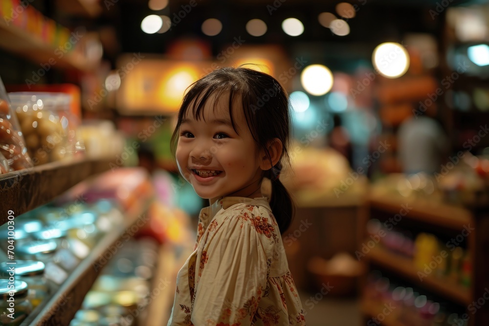 A young girl stands with a bright smile in front of a supermarket shelf, embodying the joy and simplicity of retail convenience stores as she is surrounded by a world of endless possibilities A young girl stands with a bright smile in front of a supermarket shelf, embodying the joy and simplicity of retail convenience stores as she is surrounded by a world of endless possibilities