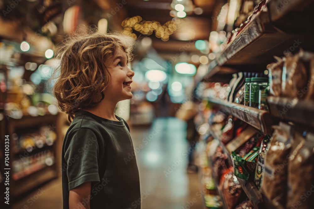 A curious child gazes up at a neatly organized shelf of colorful clothing in a bustling convenience store, while a woman stands nearby, immersed in her shopping experience A curious child gazes up at a neatly organized shelf of colorful clothing in a bustling convenience store, while a woman stands nearby, immersed in her shopping experience