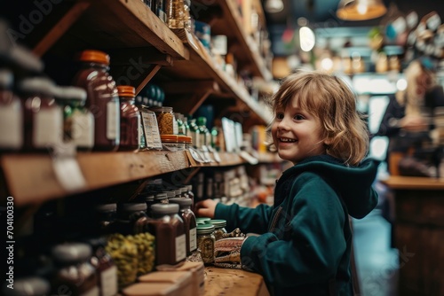 A young boy stands in a bustling store  his face full of wonder as he gazes at the endless shelves of clothing and bottles  surrounded by the chaos of retail but lost in his own innocent world