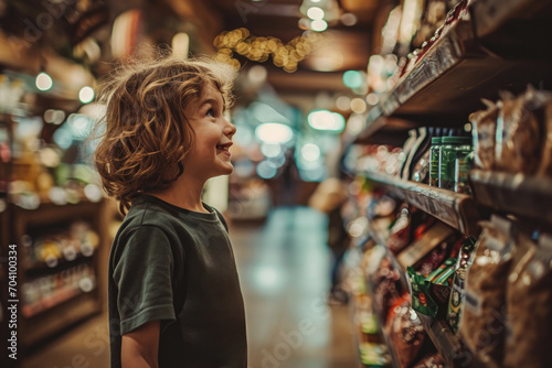 A curious child gazes up at a neatly organized shelf of colorful clothing in a bustling convenience store, while a woman stands nearby, immersed in her shopping experience