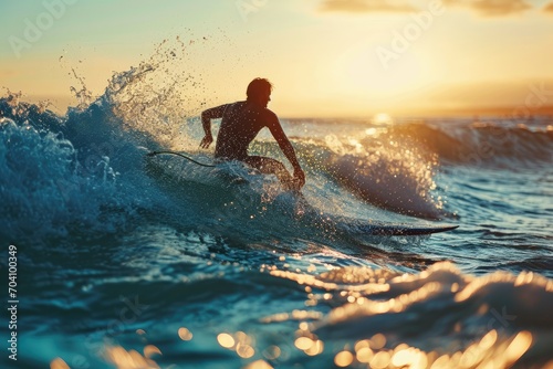 A man gracefully rides the powerful ocean wave, expertly navigating the wind and surf on his trusty board as the vibrant sunset paints the sky with warm hues, capturing the thrilling essence of outdo