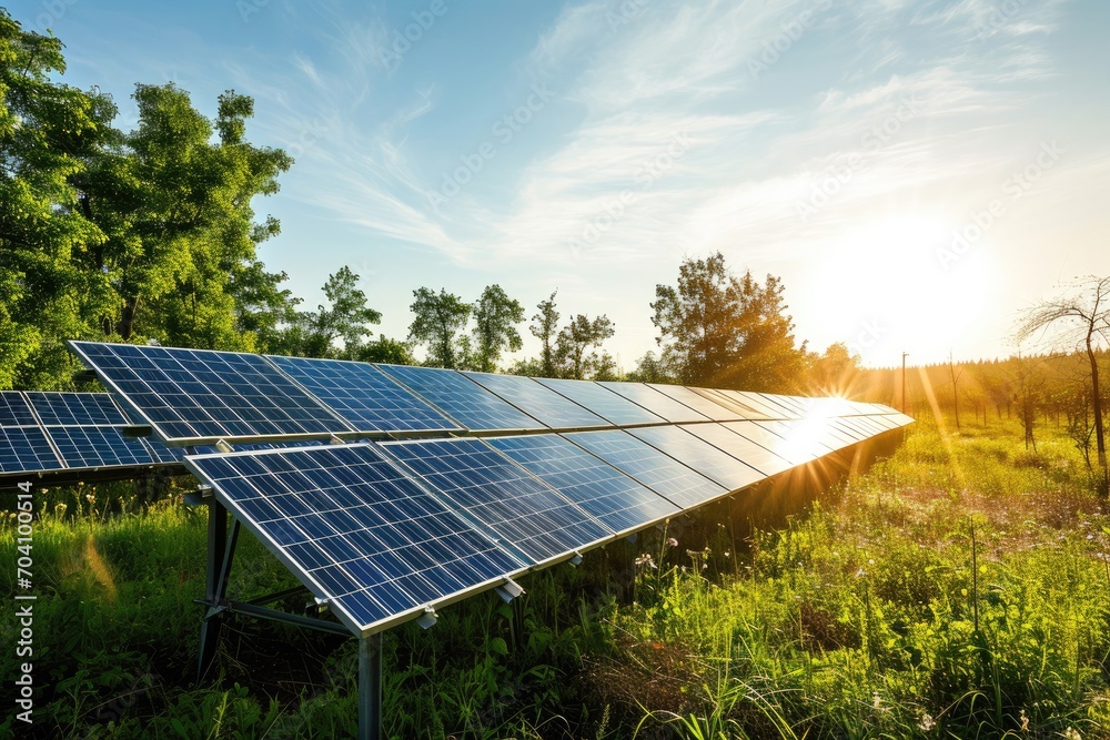 A serene oasis of sustainable energy, as solar panels glisten in the sun amidst a lush field of grass and trees A serene oasis of sustainable energy, as solar panels glisten in the sun amidst a lush field of grass and trees