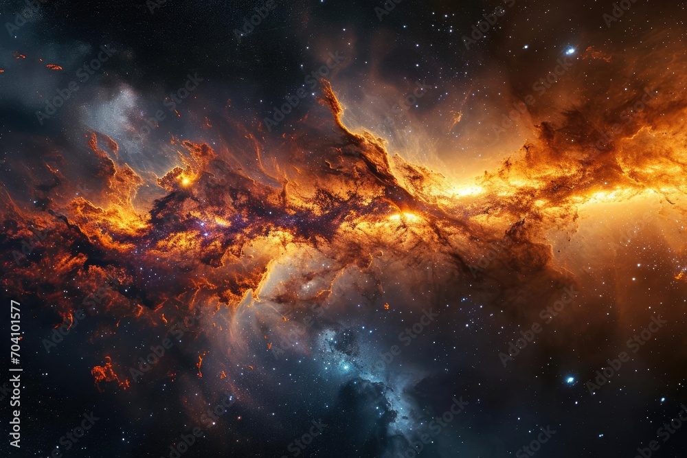 A panoramic scene of a galactic core eruption With energy jets and radiant matter - obrazy, fototapety, plakaty 