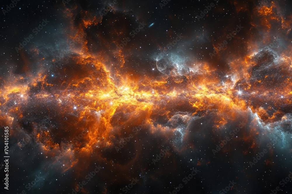 A panoramic scene of a galactic core eruption With energy jets and radiant matter