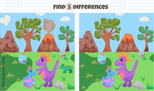 Find 5 difference game with dinosaurs. Vector illustration
