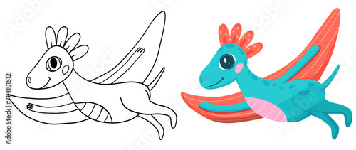 Coloring page with flying dinosaur. Game for kids