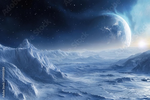 A panoramic scene of an ice-covered exoplanet orbiting a distant blue star © Bijac