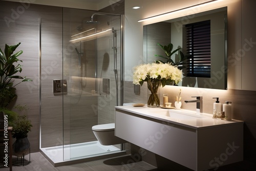 Modern bathroom interior with plants and white flowers photo