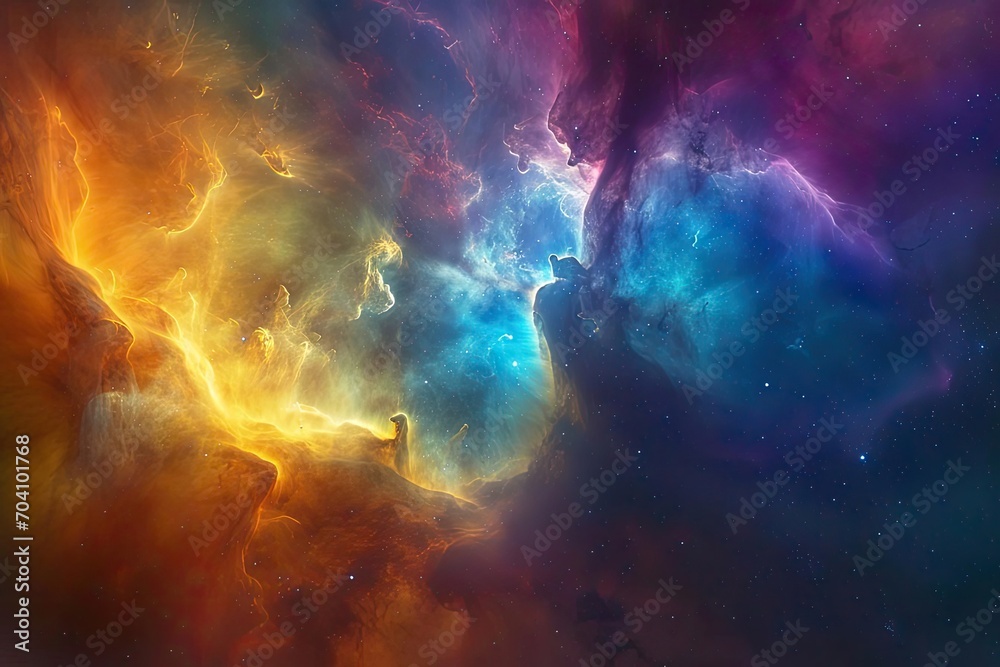 A vibrant portrayal of an interstellar cloud collision With rich colors and dynamic energy