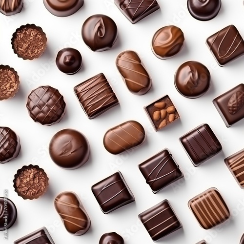 Various types of chocolates arranged beautifully on a white surface