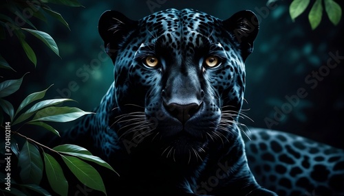 Black jaguar. Front view photograph of a black jaguar sitting on a branch. Generative AI photo