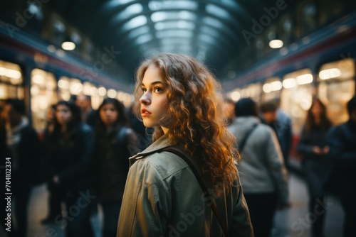 Woman Standing in Crowded Subway Station Generative AI