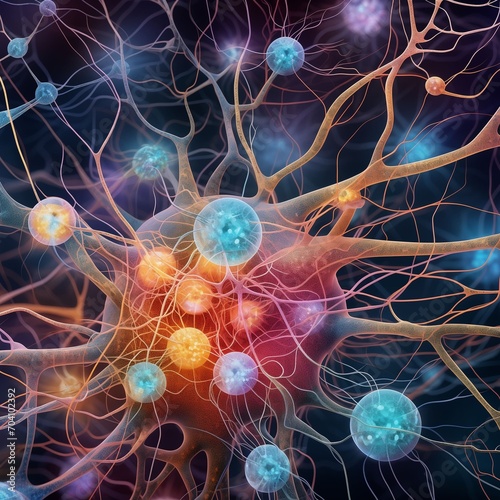 Detailed close-ups of interconnected neurons, surreal elements