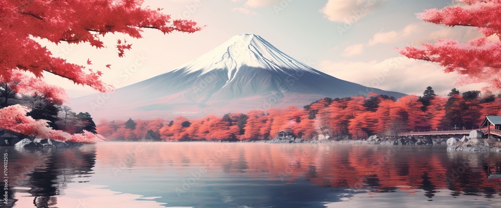 Mount Fuji and red maple leaves in autumn