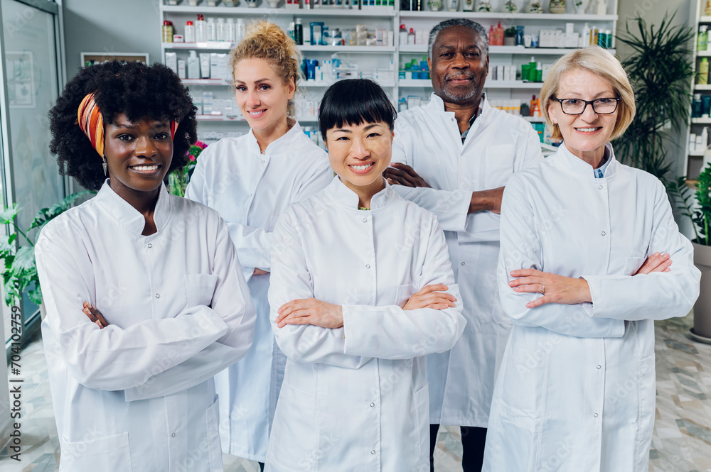 Portrait of five multiracial pharmacists in pharmacy. Portrait of five multiracial pharmacists in pharmacy.