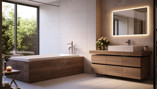cuarto de baño contemporaneoy espacioso con bañera, lavabo y gran ventanal con vistas photo