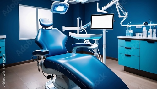 Modern Dental Clinic  Dentist chair and other accessories used by dentists in blue medical light. Generative AI