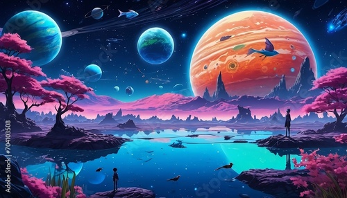Surreal exoplanet cool planet where fish fly and birds swim, bioluminescent water ponds, the sky is night starry cosmos planets, scary, ugly, weird. Generative AI © Copper