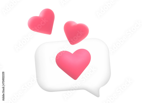 3D online social communication in apps, emoji, like and play icons in bubbles. Speech bubble with message of love in the shape of hearts. Vector illustration.