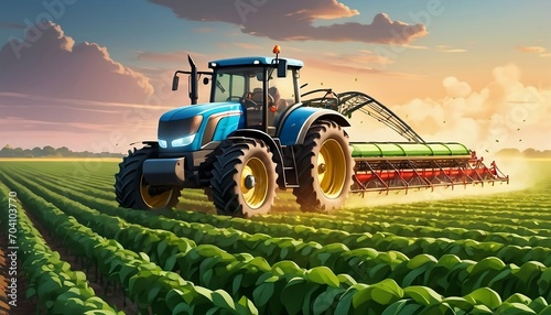 Tractor spraying pesticides fertilizer on soybean crops farm field in spring evening. Smart Farming Technology and Sustainable Advanced Agriculture Practices. Generative AI