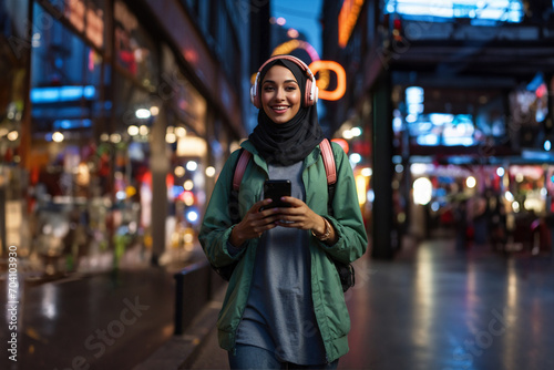 Joyful young muslim woman in hijab listening to music through headphones connected to cell phone while walking around the city center. photo