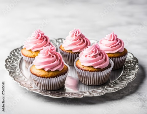 Illustration of cupcakes with pink icing on a silver plate