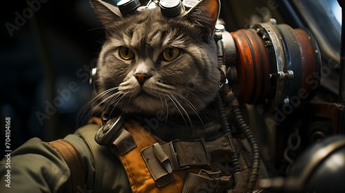A cat wearing a spacesuit is sitting in a spaceship.