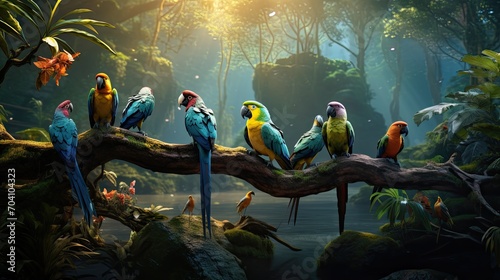 amazing rainforest birds sitting on branch © neirfy