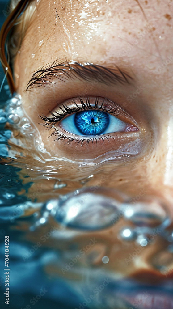 Beautiful blue eye of sensual woman swimming in turquoise thermal bath pool.