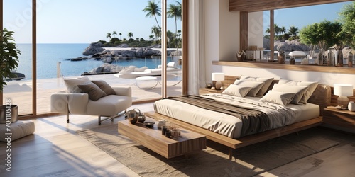 Modern luxury villa bedroom with stunning ocean views © duyina1990
