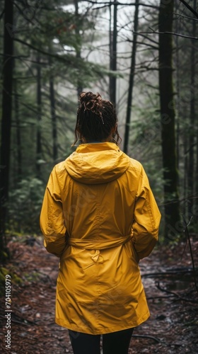 Woman in yellow rain coat, walking down a tranquil path in a the wood.