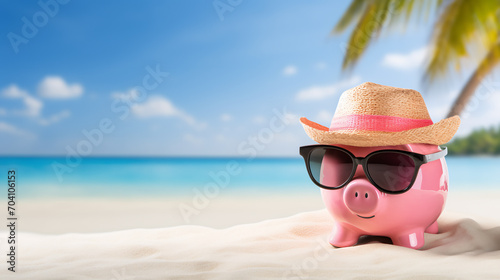 A rosy piggy bank sporting trendy beach sunglasses while lounging on the shore - concept saving for a tranquil vacation