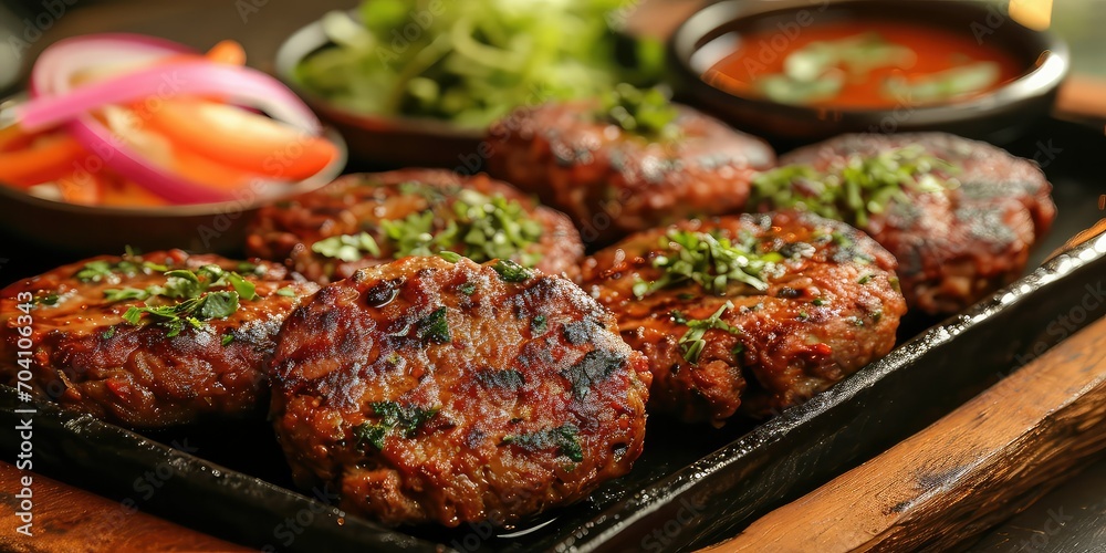 Chapli Kabab Culinary Artistry, A Visual Symphony of Spiced Minced Meat Patties - Capturing Flavorful Bliss in Every Pan-Fried Delight - Pakistani Culinary Elegance - Warm, Ambient Lighting Infusing